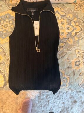 White House Black Market Black Ribbed Sleeveless Zip-Front Tank